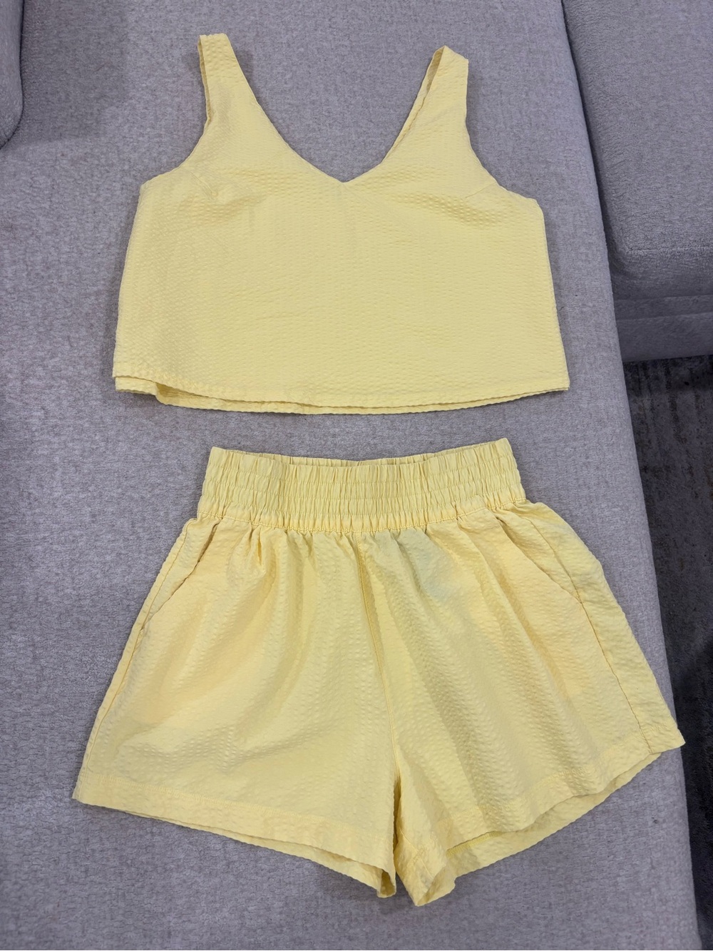 Vuori Yellow V-Neck Crop Top and Elastic Waist Athletic Shorts